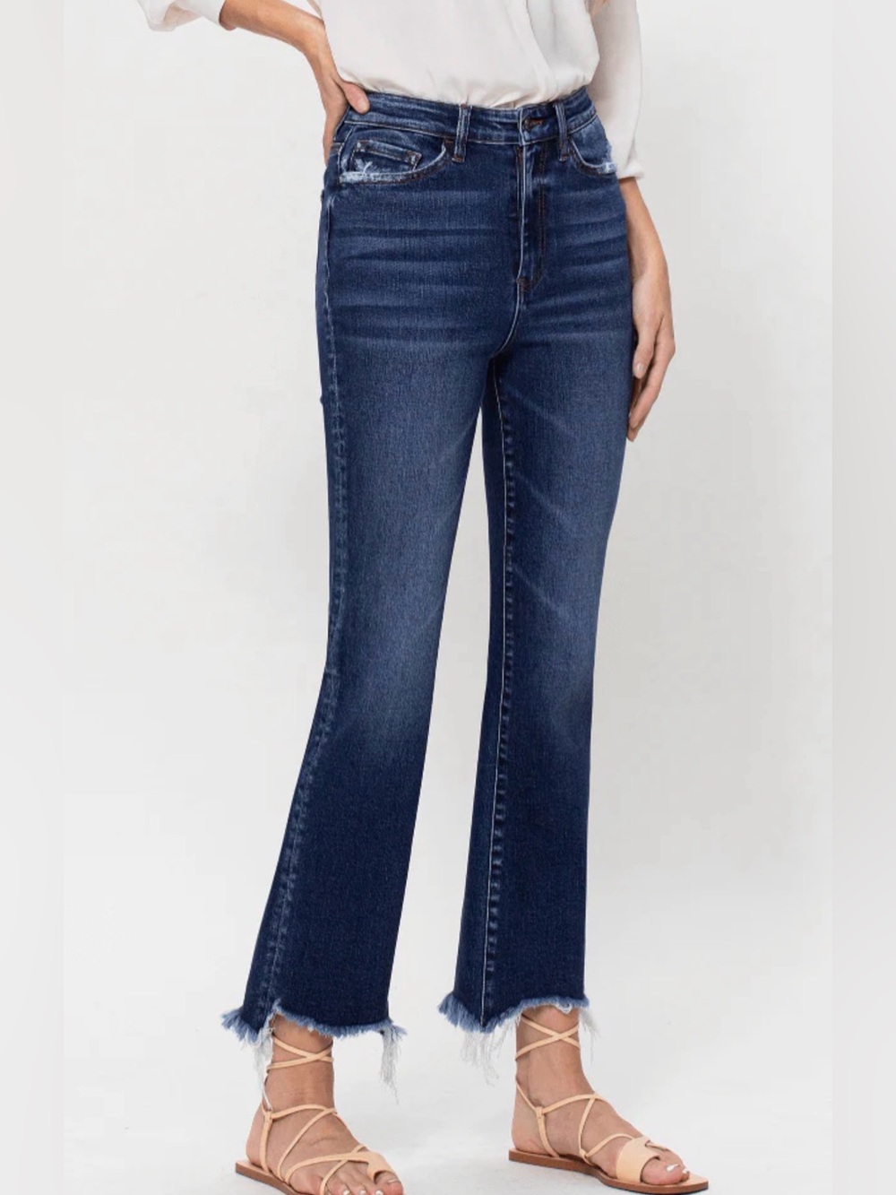 Veveret High-Rise Flared Dark Blue Frayed Hem Jeans